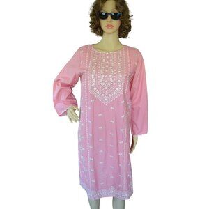 Beechtree Embroidered Pink Floral Shirt Dress Women Size 10 Loose Fit Pastel